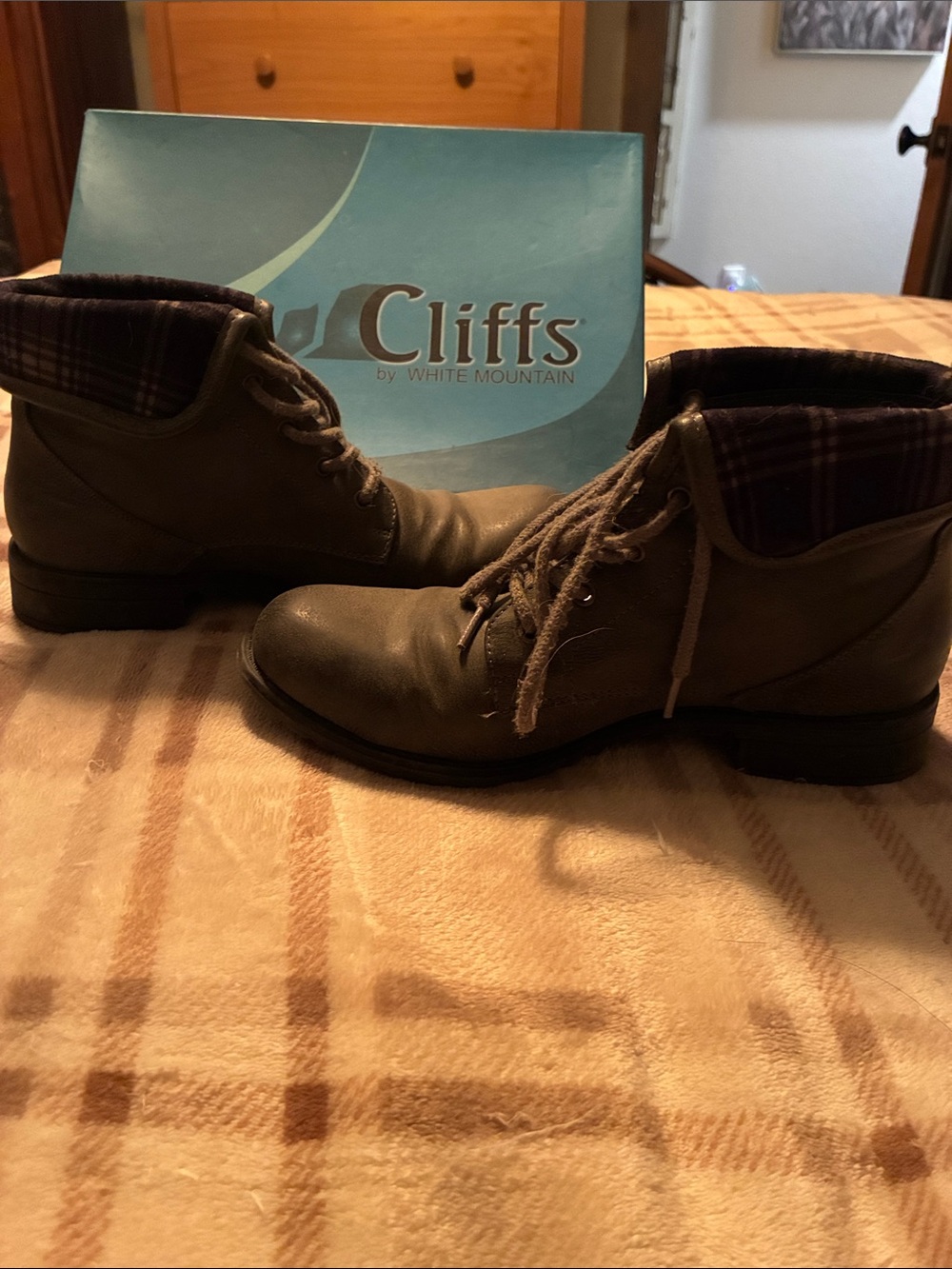 Cliffs by WHITE MOUNTAIN Olive Lace-Up Ankle Boots with Plaid Fold-Over Cuff